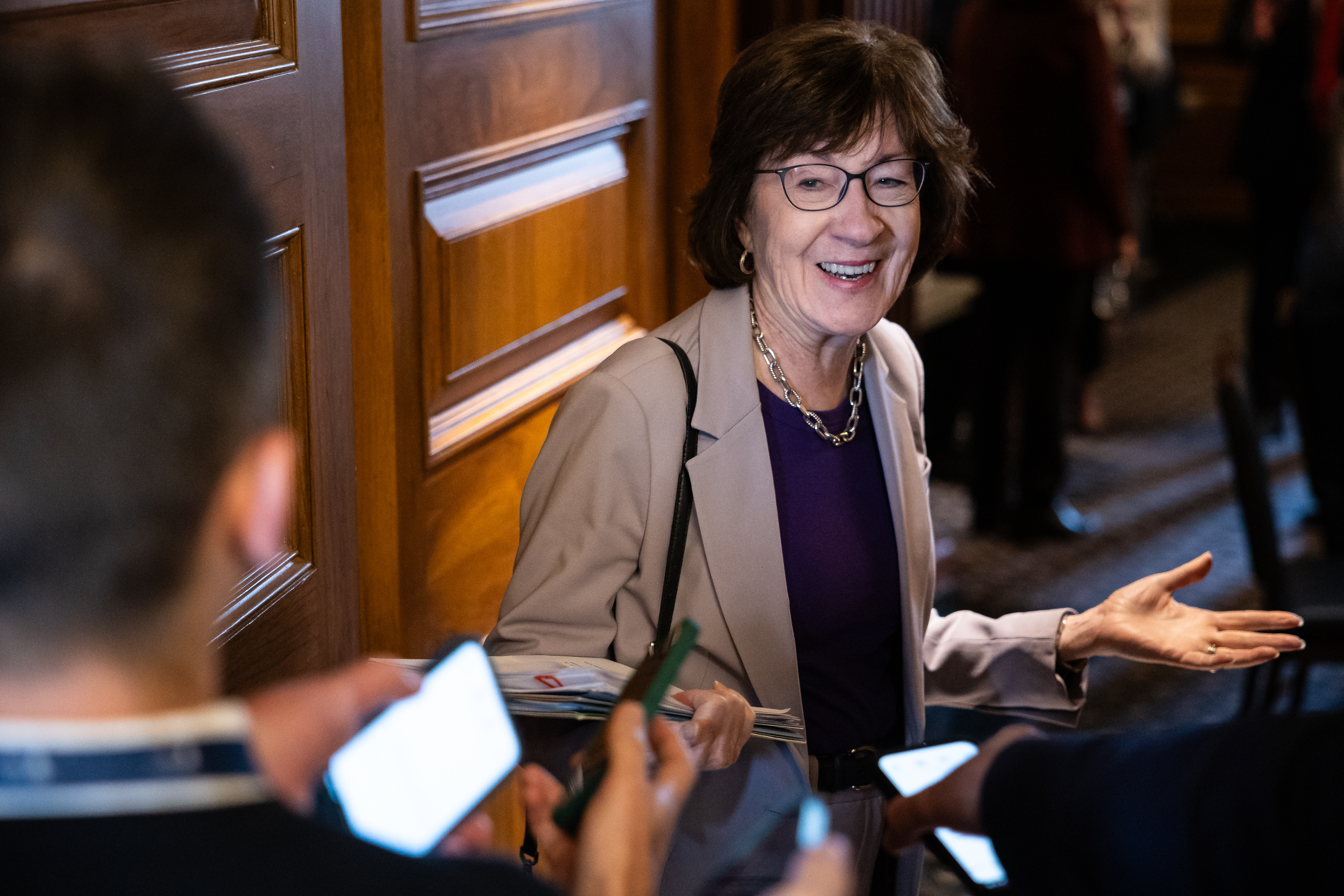 Senate Appropriations Committee Chair Susan Collins (R-Maine) speaks with reporters as she arrives for a Senate Republican Conference meeting at the Capitol on the 38th day of a government shutdown Nov. 7, 2025. 