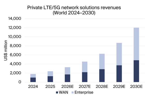 graphic: private lte/5g network solutions revenues, world 2024-2030