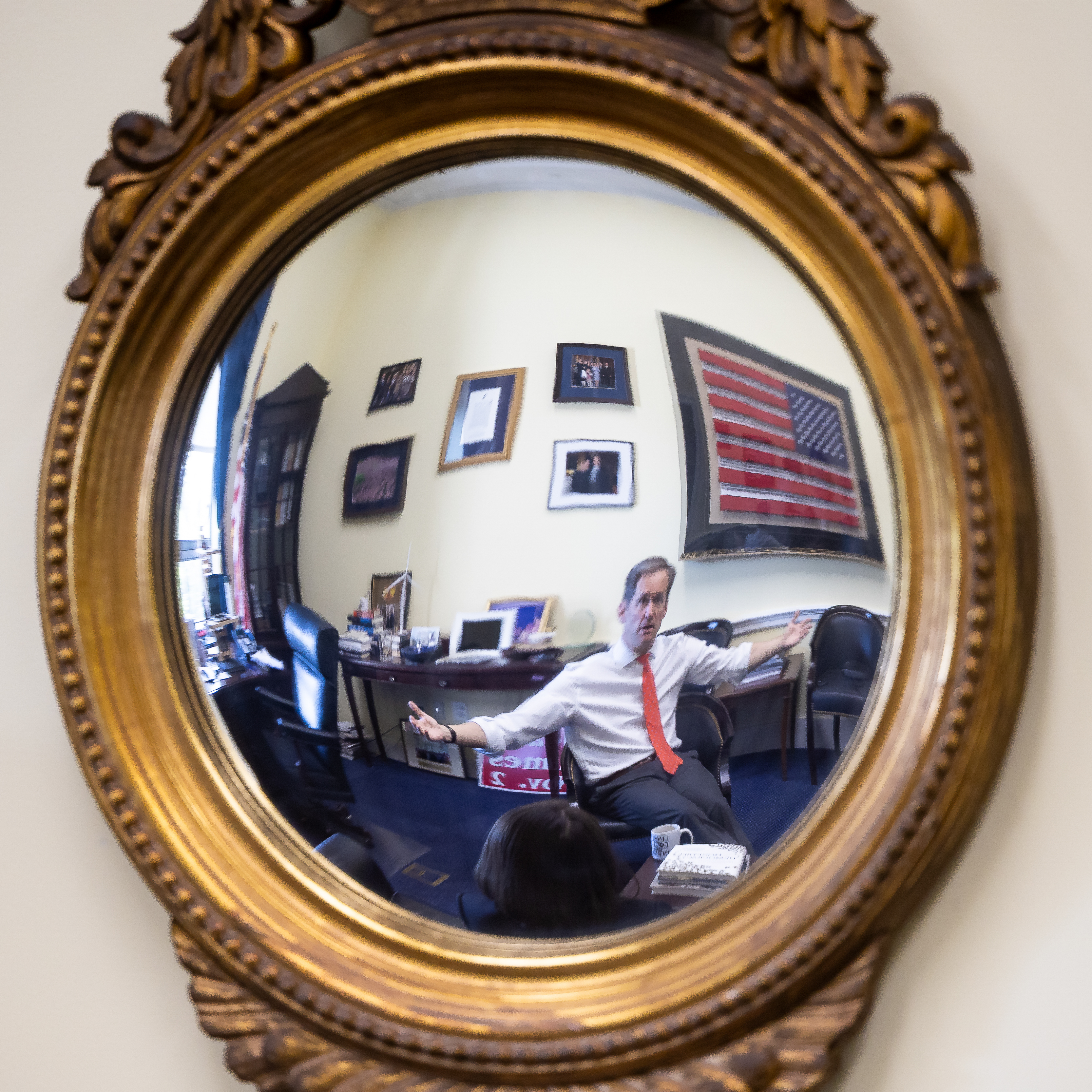 Himes is reflected in a mirror during an POLITICO in his office on Capitol Hill in Washington, on April 23, 2026.